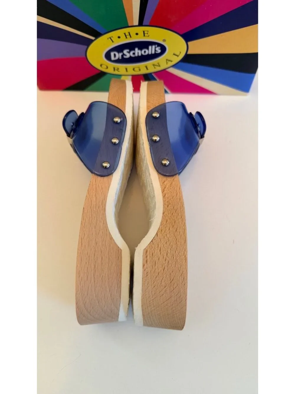 Dr Scholls Women Size 8 M Wood Exercise Clog Sandal Blue Vinyl Slide Shoe New